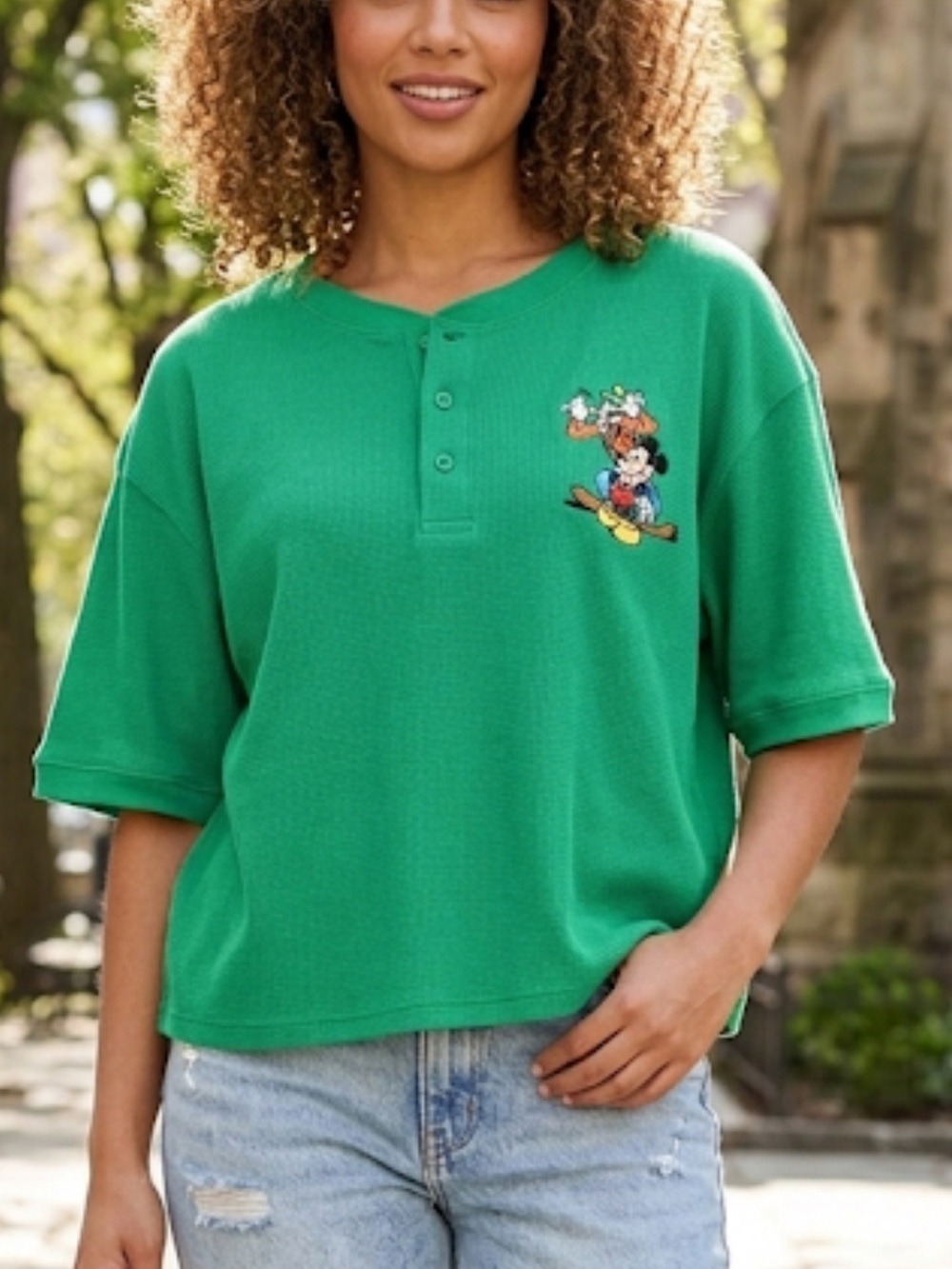 Disney Store Bright Green Thermal Henley Tee Soft Cozy Casual Layering